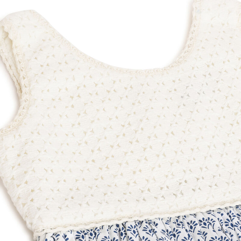 Girls White and Blue Printed Sleeveless Dress image number 2